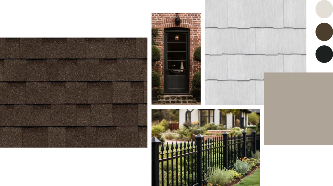 Exterior design inspiration collage featuring brown shingles, a brick facade with a black door, white siding, a beige swatch, and a black metal fence with landscaping. Color palette included.