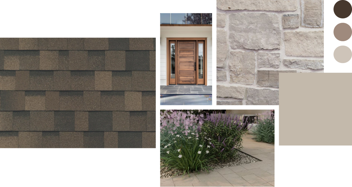 Collage of home exterior design elements: brown roof shingles, wooden door, stone wall, and flower-lined pathway. Includes three small color swatches for inspiration: dark brown, tan, and light beige.