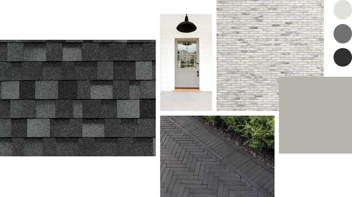A collage offering design inspiration, featuring dark roof shingles, a gray brick wall, a light gray door, black herringbone paving, color swatches, and a white wall highlighted by a sleek black light fixture.